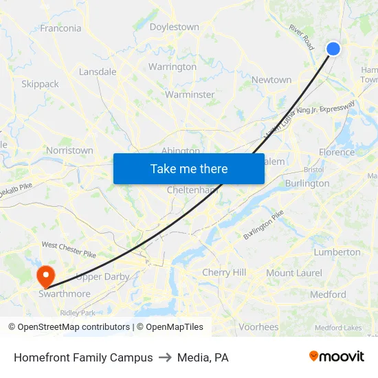 Homefront Family Campus to Media, PA map