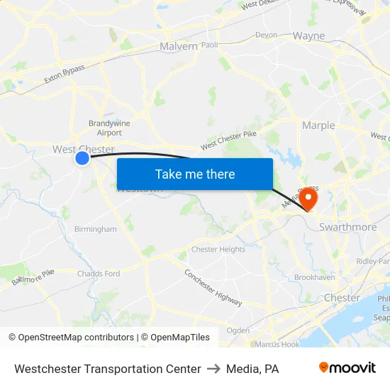 Westchester Transportation Center to Media, PA map