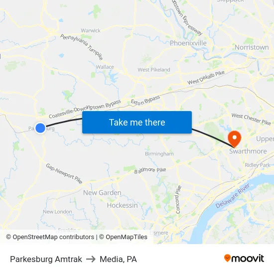 Parkesburg Amtrak to Media, PA map