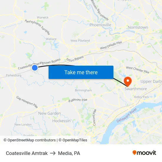 Coatesville Amtrak to Media, PA map