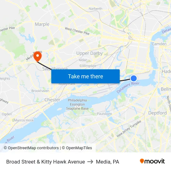 Broad Street & Kitty Hawk Avenue to Media, PA map