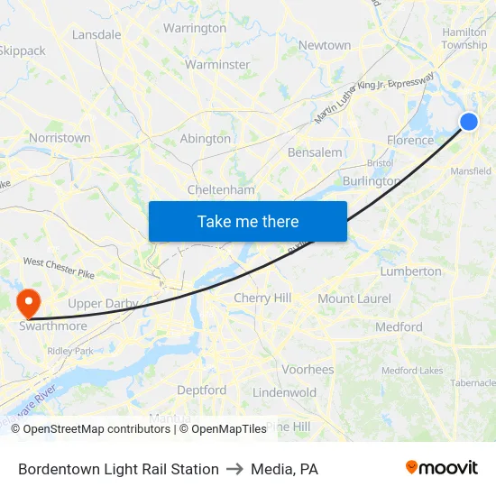 Bordentown Light Rail Station to Media, PA map