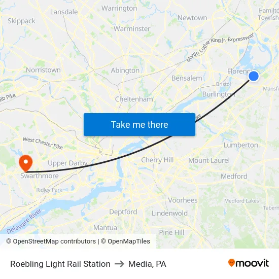 Roebling Light Rail Station to Media, PA map