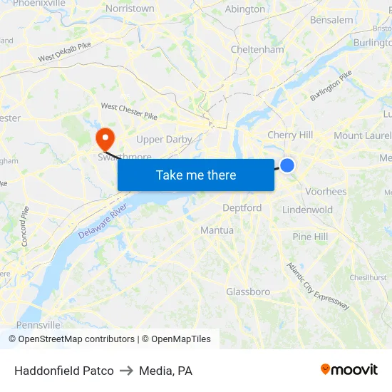 Haddonfield Patco to Media, PA map