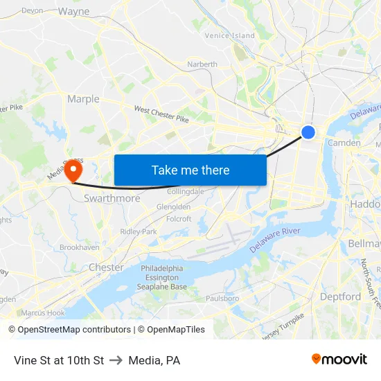 Vine St at 10th St to Media, PA map