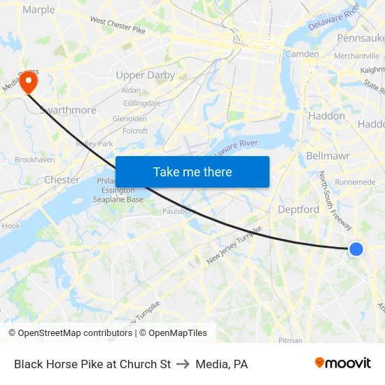 Black Horse Pike at Church St to Media, PA map