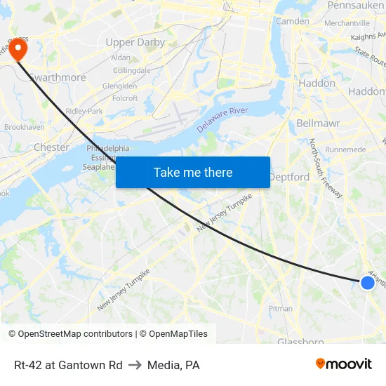 Rt-42 at Gantown Rd to Media, PA map