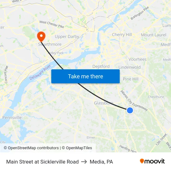 Main Street at Sicklerville Road to Media, PA map