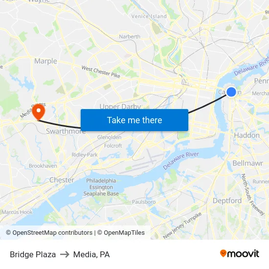 Bridge Plaza to Media, PA map