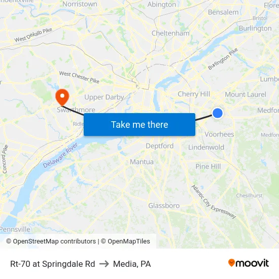 Rt-70 at Springdale Rd to Media, PA map