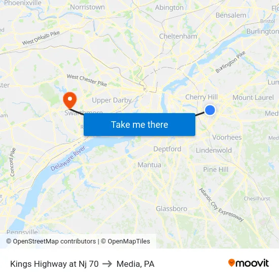Kings Highway at Nj 70 to Media, PA map