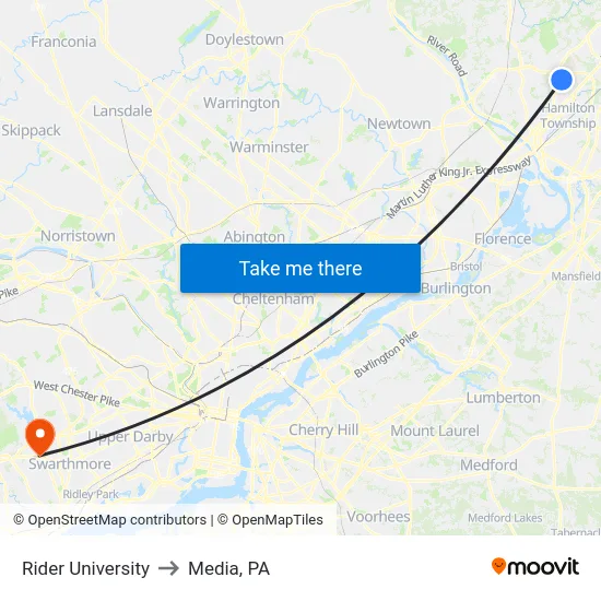 Rider University to Media, PA map