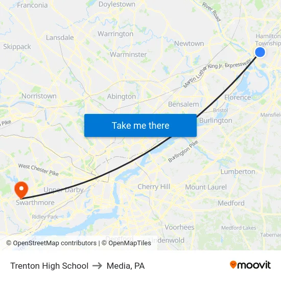 Trenton High School to Media, PA map