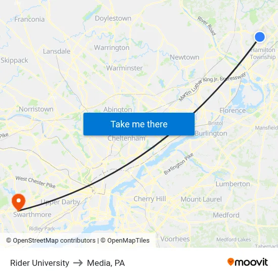 Rider University to Media, PA map