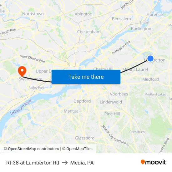 Rt-38 at Lumberton Rd to Media, PA map