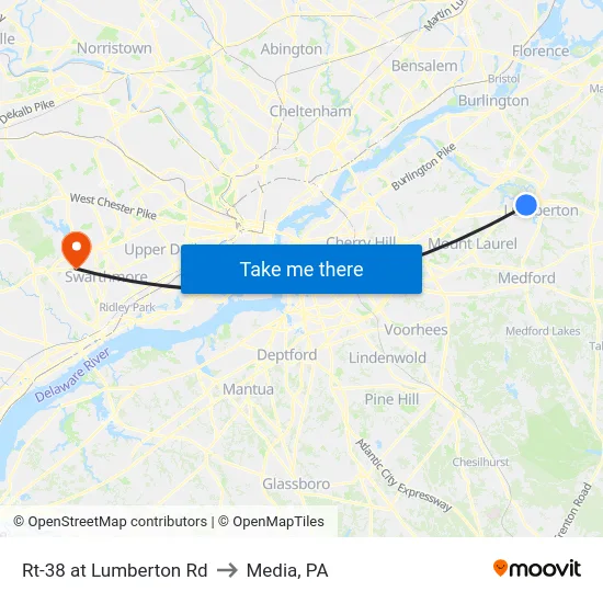 Rt-38 at Lumberton Rd to Media, PA map