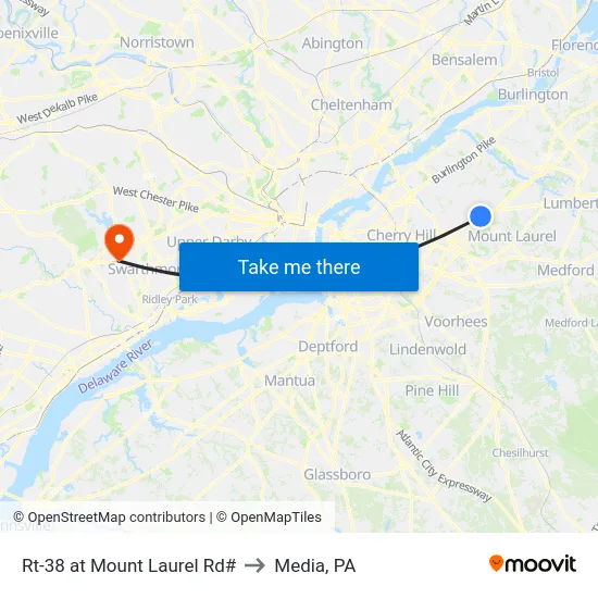 Rt-38 at Mount Laurel Rd# to Media, PA map