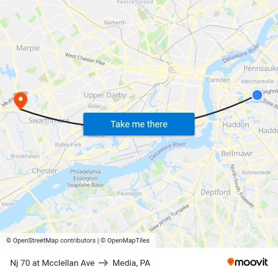 Nj 70 at Mcclellan Ave to Media, PA map