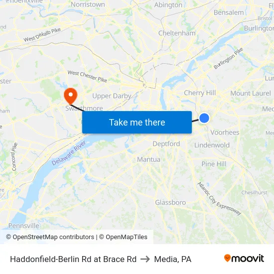 Haddonfield-Berlin Rd at Brace Rd to Media, PA map