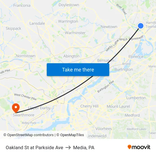 Oakland St at Parkside Ave to Media, PA map