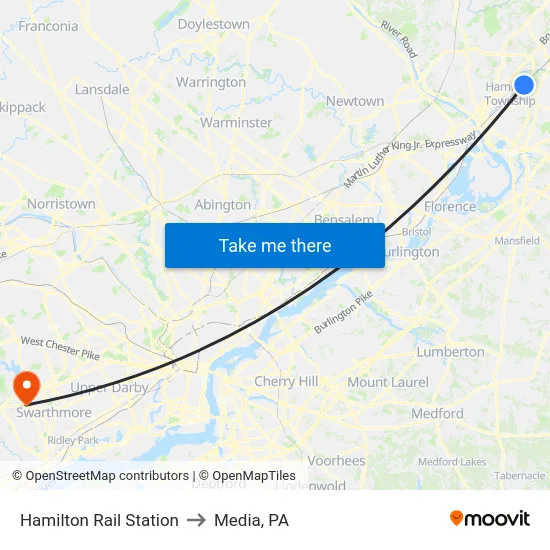 Hamilton Rail Station to Media, PA map