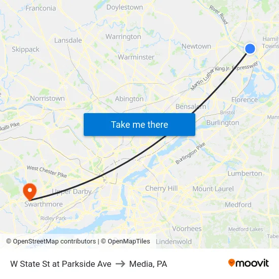 W State St at Parkside Ave to Media, PA map