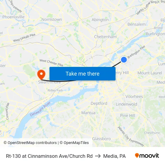 Rt-130 at Cinnaminson Ave/Church Rd to Media, PA map