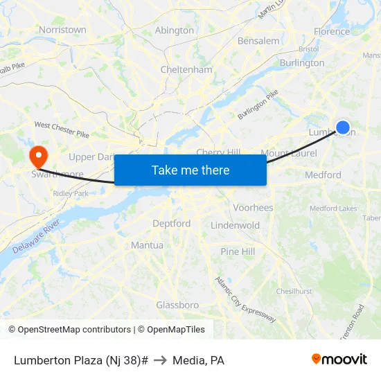 Lumberton Plaza (Nj 38)# to Media, PA map