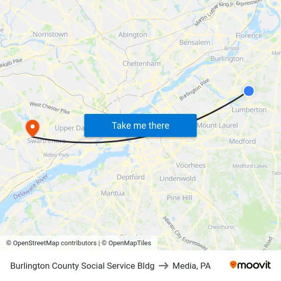 Burlington County Social Service Bldg to Media, PA map