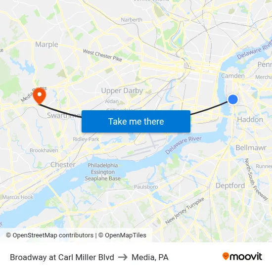 Broadway at Carl Miller Blvd to Media, PA map