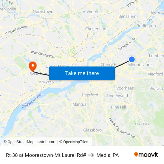Rt-38 at Moorestown-Mt Laurel Rd# to Media, PA map