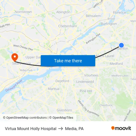 Virtua Mount Holly Hospital to Media, PA map