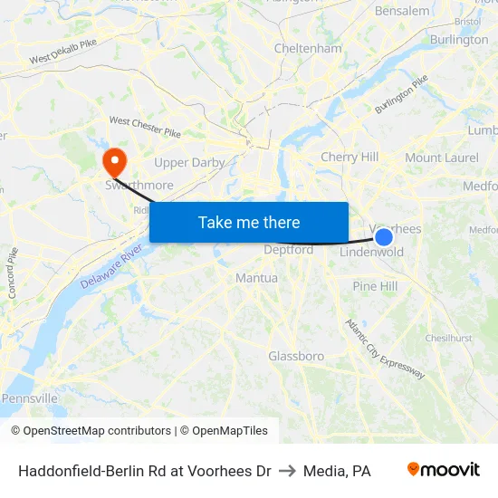 Haddonfield-Berlin Rd at Voorhees Dr to Media, PA map