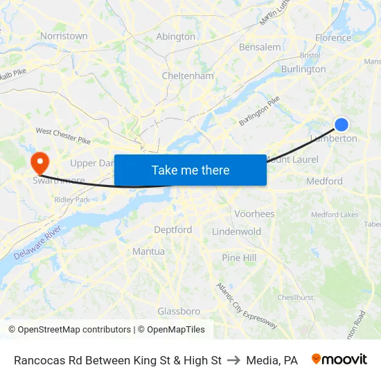 Rancocas Rd Between King St & High St to Media, PA map
