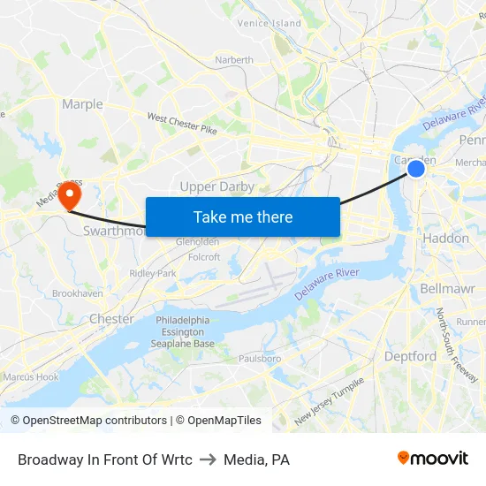 Broadway In Front Of Wrtc to Media, PA map