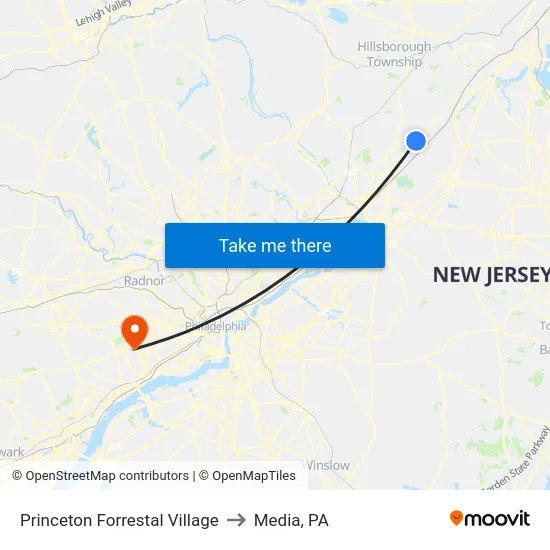 Princeton Forrestal Village to Media, PA map