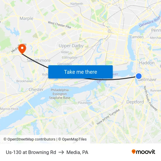 Us-130 at Browning Rd to Media, PA map