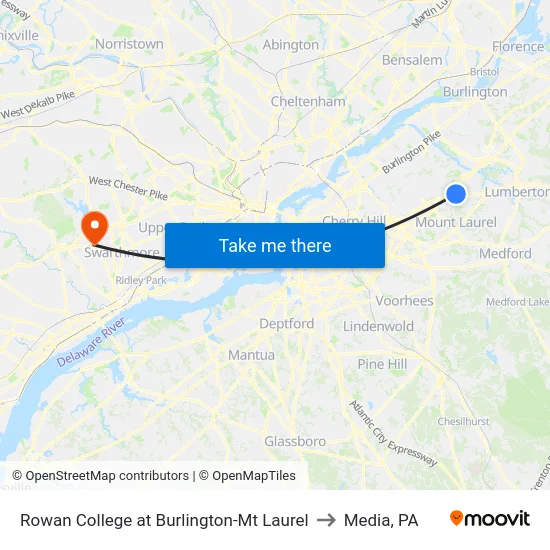 Rowan College at Burlington-Mt Laurel to Media, PA map