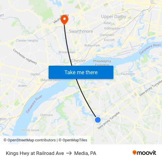 Kings Hwy at Railroad Ave to Media, PA map