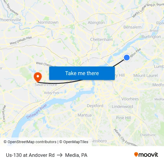 Us-130 at Andover Rd to Media, PA map