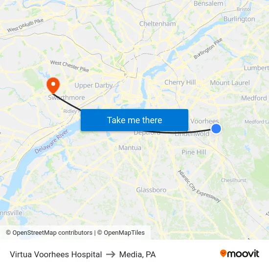 Virtua Voorhees Hospital to Media, PA map