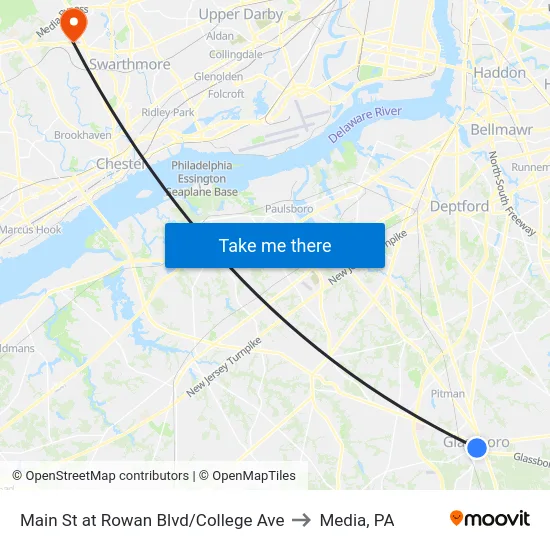 Main St at Rowan Blvd/College Ave to Media, PA map