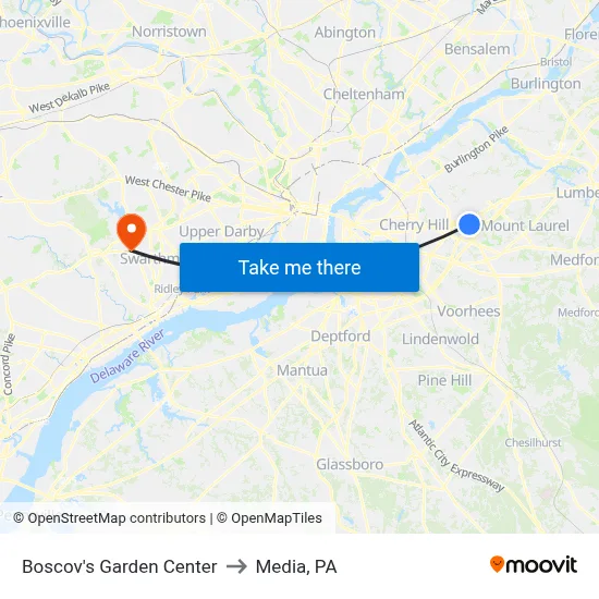 Boscov's Garden Center to Media, PA map