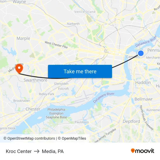 Kroc Center to Media, PA map