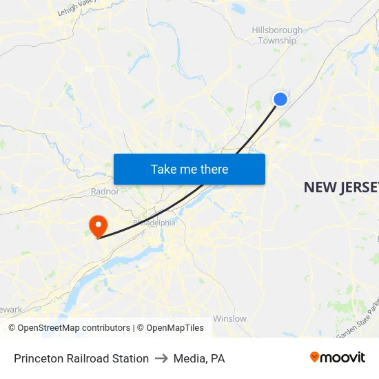 Princeton Railroad Station to Media, PA map