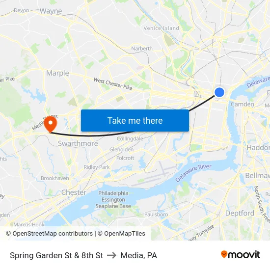 Spring Garden St & 8th St to Media, PA map