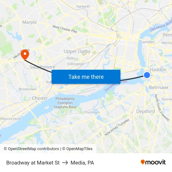 Broadway at Market St to Media, PA map