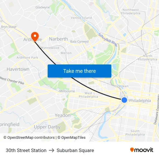 30th Street Station to Suburban Square map