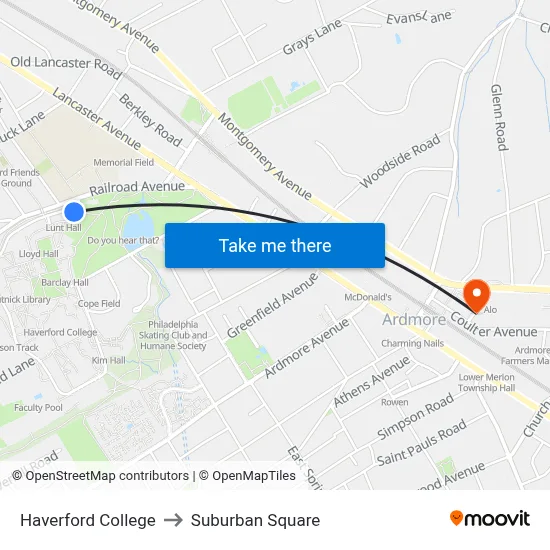 Haverford College to Suburban Square map