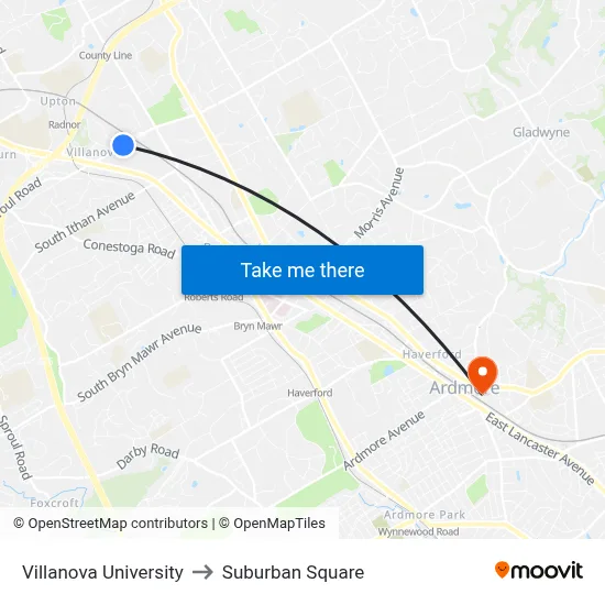 Villanova University, 299 N Spring Mill Rd to Suburban Square map
